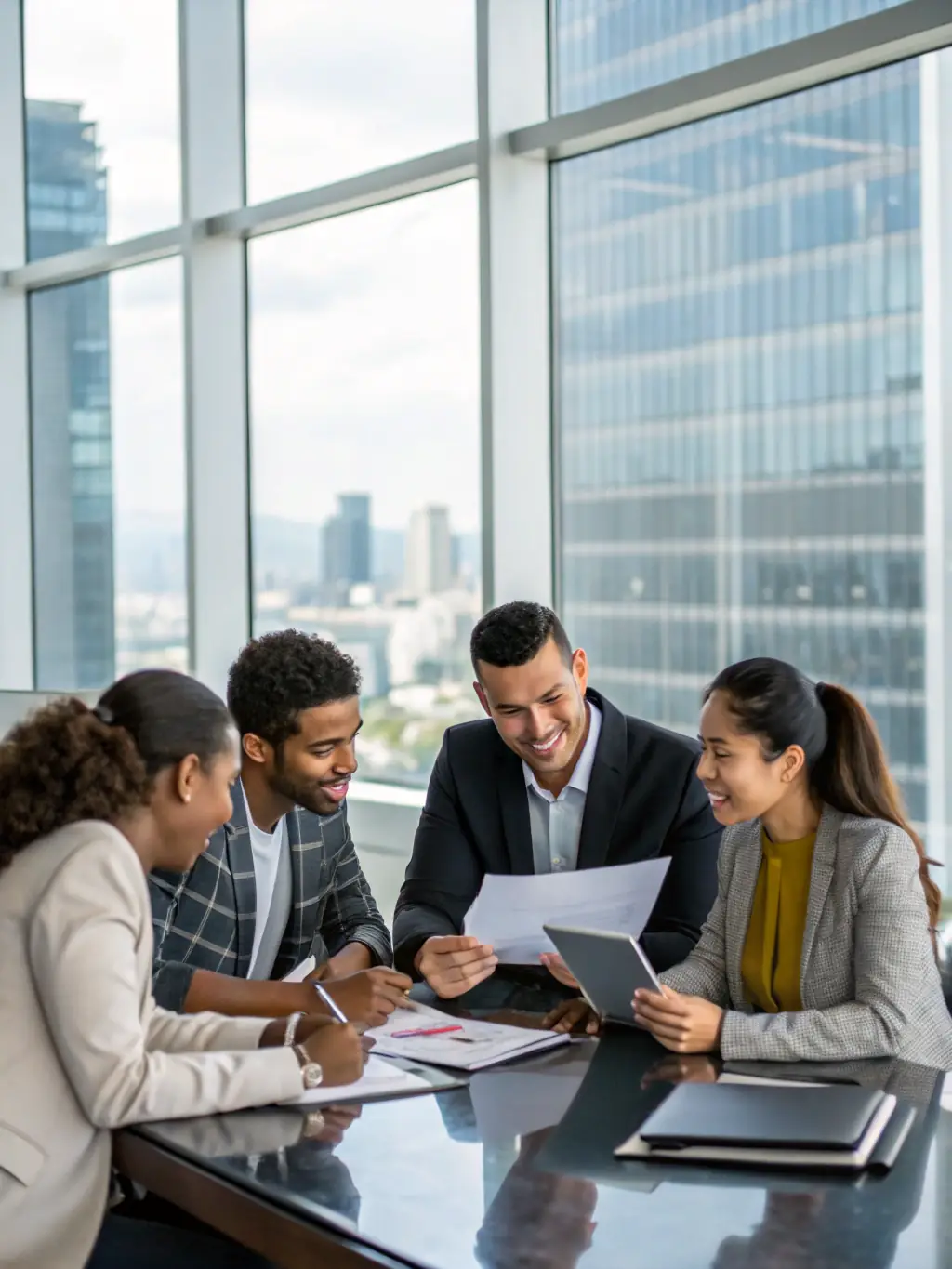 A diverse team of healthcare professionals collaborating on patient care plans in a bright, modern office, showcasing HealthIntakePro's comprehensive staffing solutions.